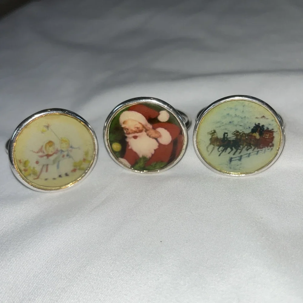 Silver Plated Colorful Christmas Napkin Rings Vintage Bells Santa Set Of 7‎